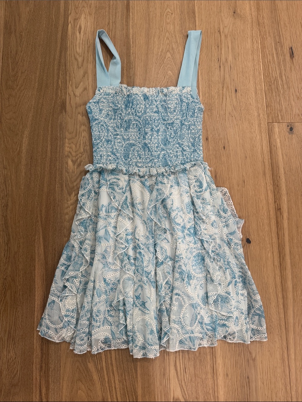 Alice + Olivia Light Blue Lace Smocked Tiered Sundress